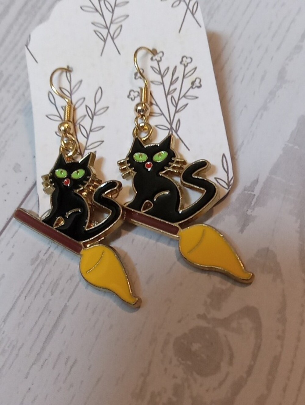 Black Cat & Broomstick Pierced Earrings